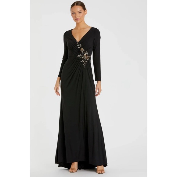 Mac Duggal Black Faux Wrap Long Sleeve Evening Gown with Appliqué Detail Size 12 - Picture 1 of 11